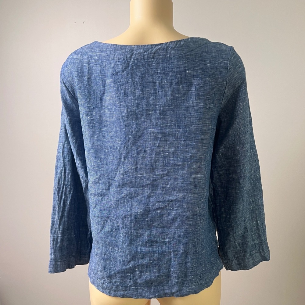 Sigrid Olsen Linen Blouse Top Medium 3/4 Sleeve Boat Neck Blue Coastal Grandma - Picture 3 of 11